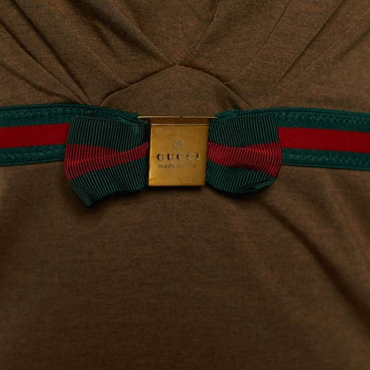 Pre Owned Gucci Brown Mélange Knit Web Stripe V Neck Top L