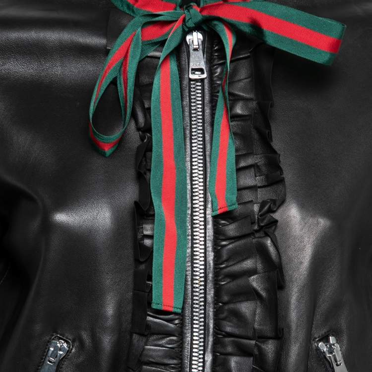 Pre Owned Gucci Black Leather Ruffled Web Ribbon Bow Tie Bomber Jacket M