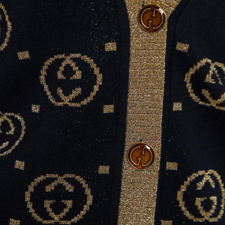 Pre Owned Gucci Black & Gold Lurex Knit Wool GG Button Front Cardigan XS