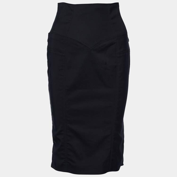 Pre Owned Gucci Black Cady Ruched Belt Detail Knee-Length Skirt S