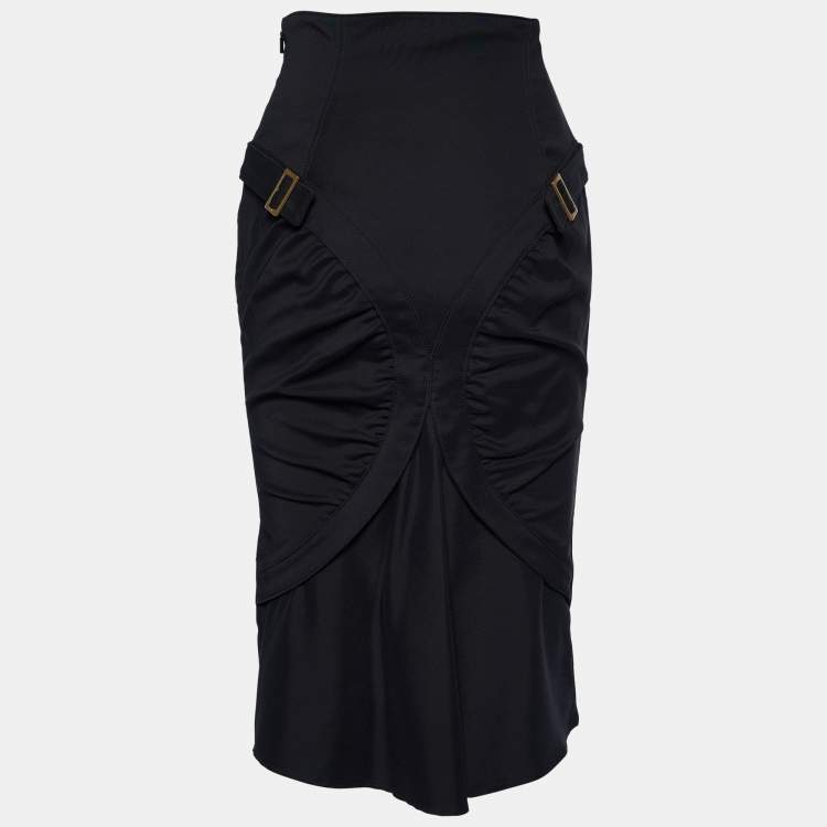 Pre Owned Gucci Black Cady Ruched Belt Detail Knee-Length Skirt S