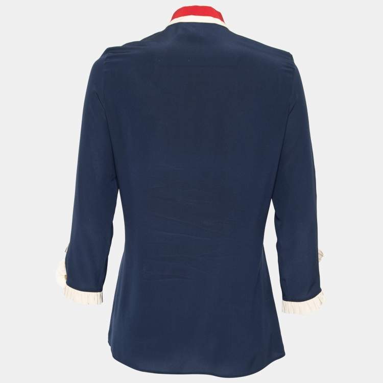 Pre Owned Gucci Navy Blue Silk Contrast Trim Neck Tie Detail Shirt M