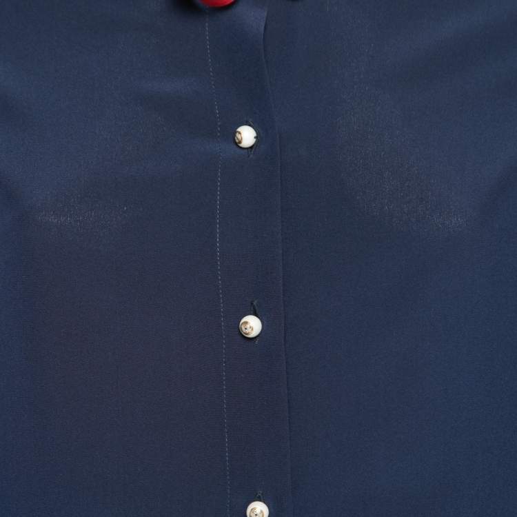 Pre Owned Gucci Navy Blue Silk Contrast Trim Neck Tie Detail Shirt M