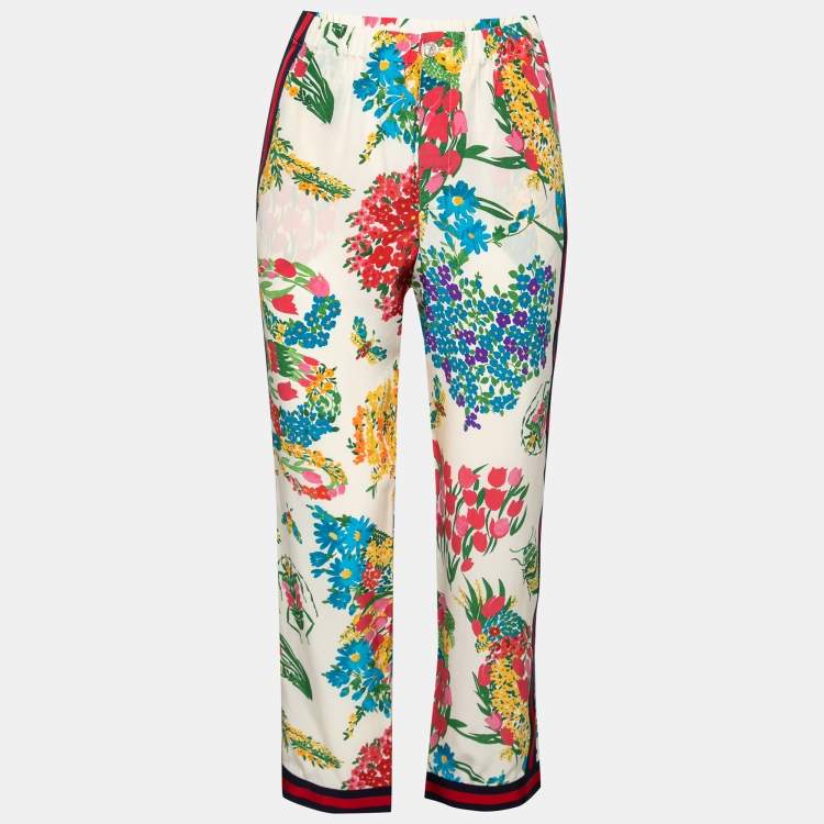 Pre Owned Gucci Multicolor Floral Print Silk Elastic Waist Pants S