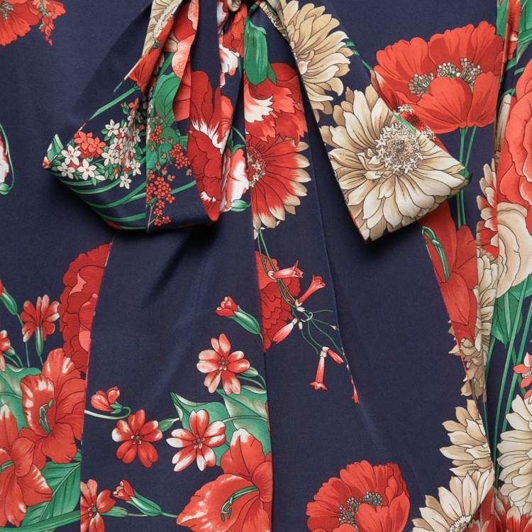 Pre Owned Gucci Dark Blue Floral Print Silk Tie-Neck Blouse M