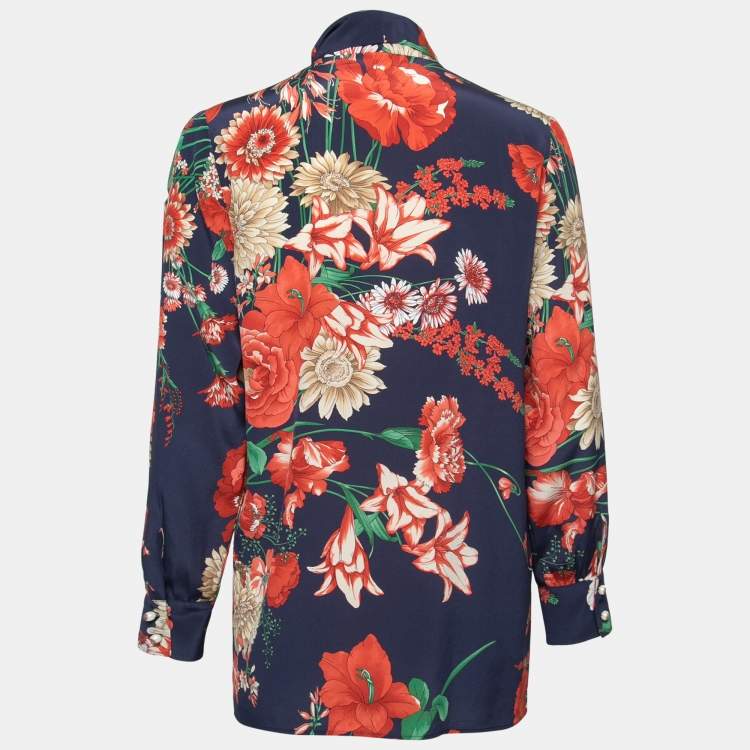 Pre Owned Gucci Dark Blue Floral Print Silk Tie-Neck Blouse M
