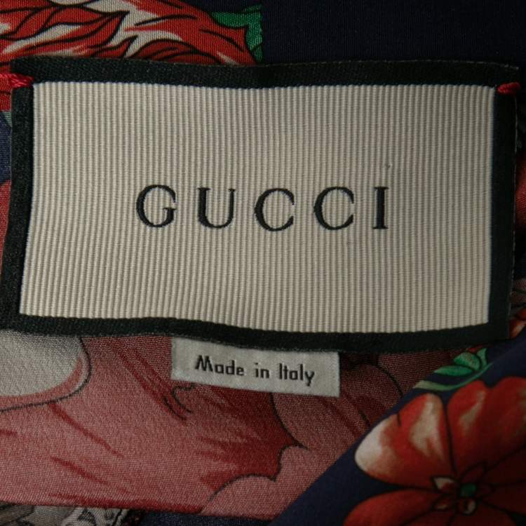 Pre Owned Gucci Dark Blue Floral Print Silk Tie-Neck Blouse M