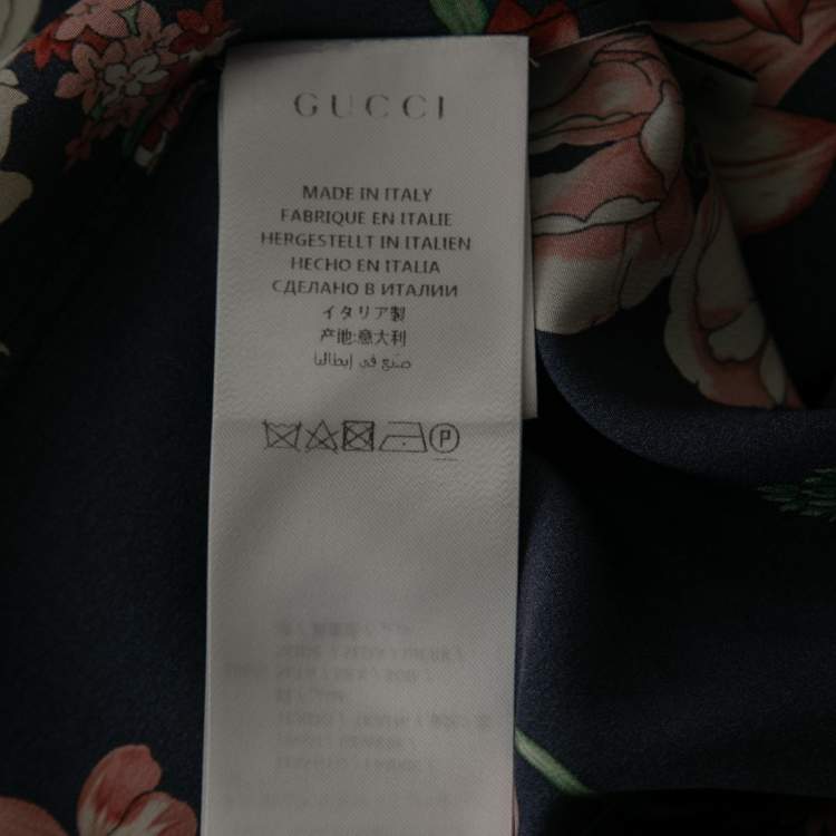 Pre Owned Gucci Dark Blue Floral Print Silk Tie-Neck Blouse M