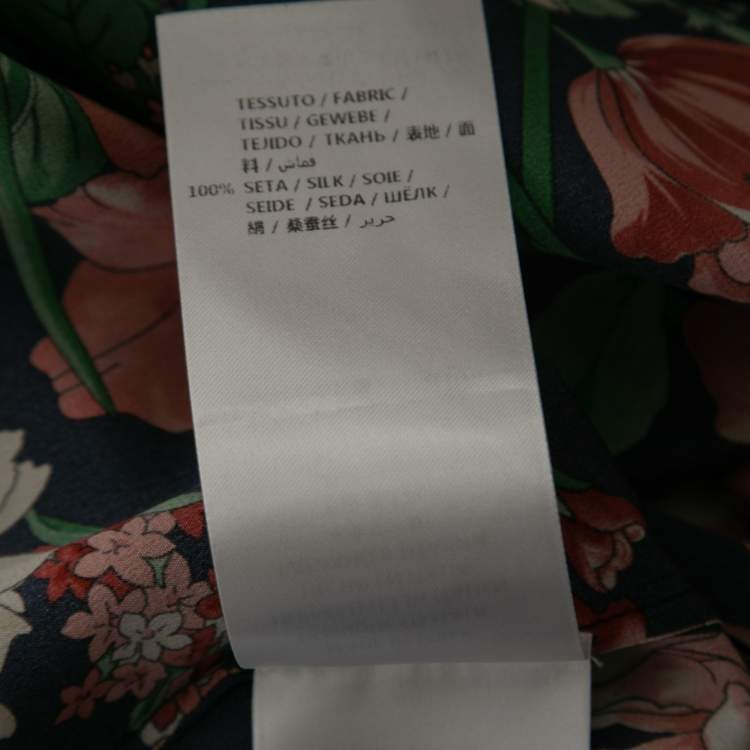 Pre Owned Gucci Dark Blue Floral Print Silk Tie-Neck Blouse M