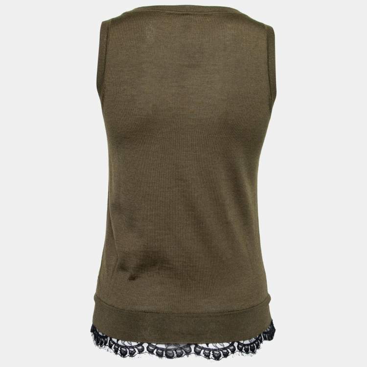 Pre Owned Gucci Olive Green Knit Lace Trimmed Sleeveless Tank Top XS