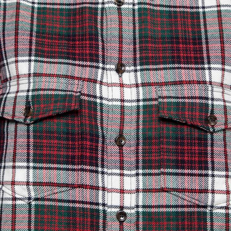 Pre Owned Gucci Red Checked Flannel Logo Embroidered Button Front Shirt L