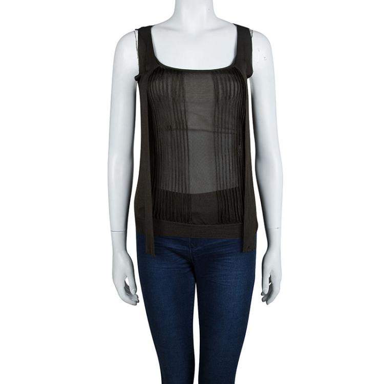 Pre Owned Gucci Olive Green Knit Pintucked Neck Tie Detail Sheer Top XS