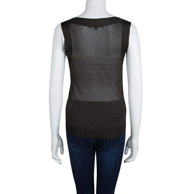Pre Owned Gucci Olive Green Knit Pintucked Neck Tie Detail Sheer Top XS