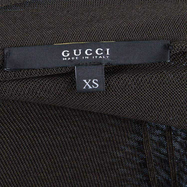 Pre Owned Gucci Olive Green Knit Pintucked Neck Tie Detail Sheer Top XS