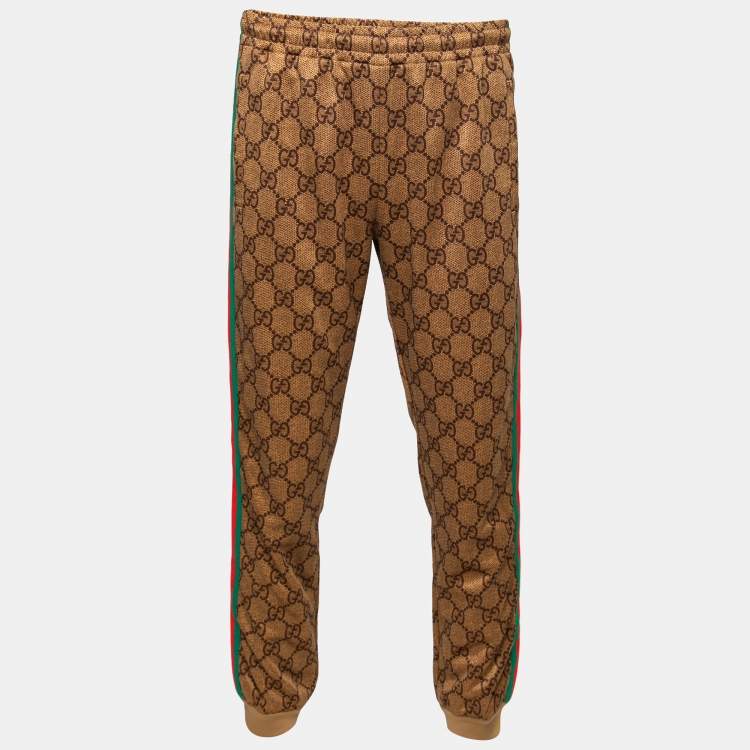 Pre Owned Gucci Light Brown GG Supreme Web Trim Track Pants S
