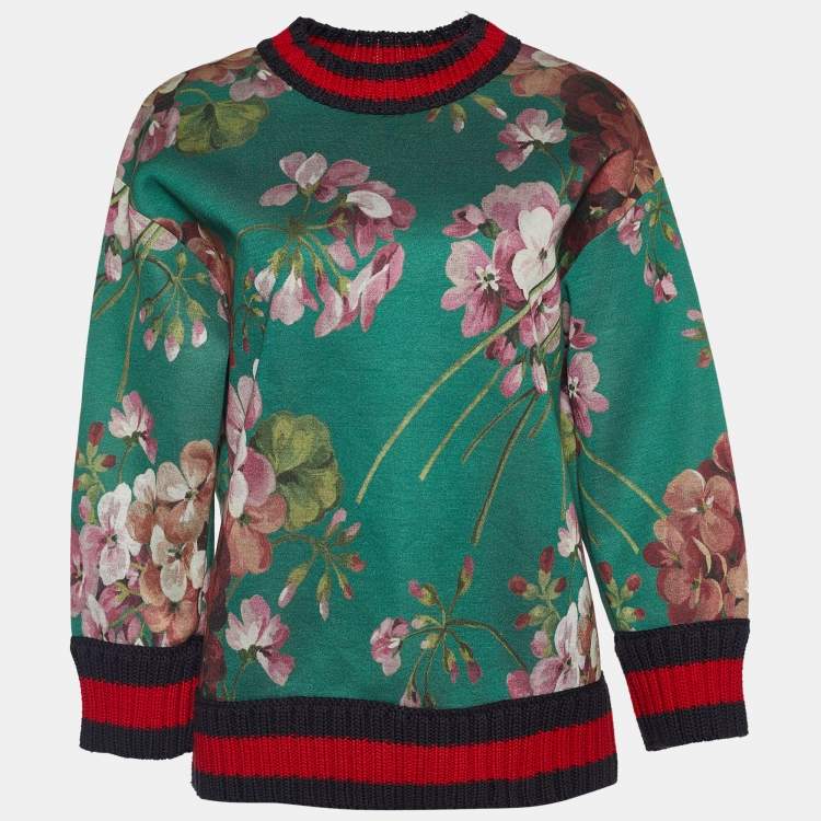 Pre Owned Gucci Green Blooms Print Modal Knit Trim Sweatshirt S