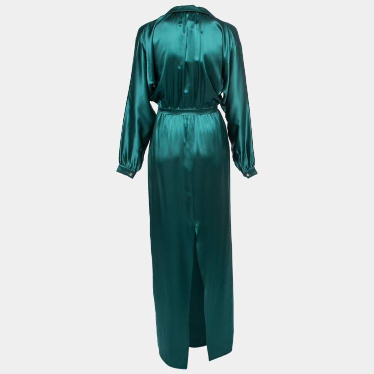 Pre Owned Gucci Green Silk Satin Draped Maxi Dress S