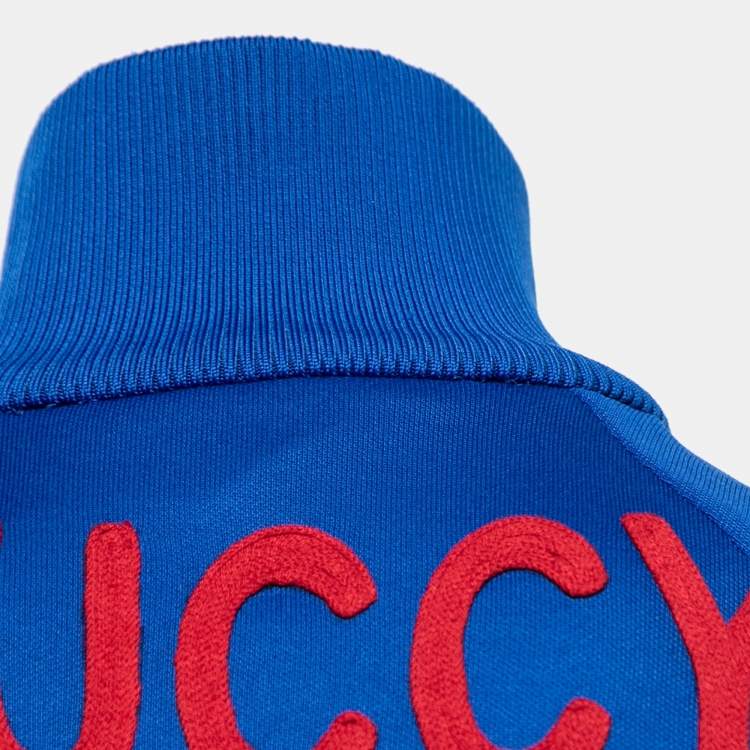 Pre Owned Gucci Blue Knit Guccy-Embroidered Cropped Zip-Front Jacket S   