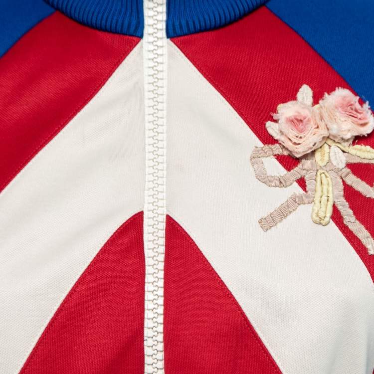 Pre Owned Gucci Blue Knit Guccy-Embroidered Cropped Zip-Front Jacket S   