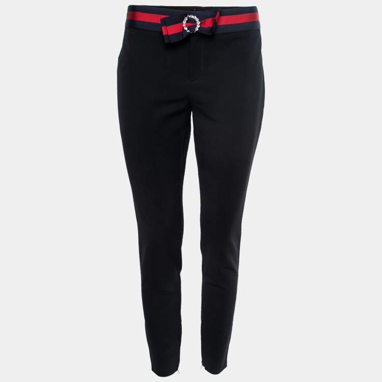 Pre Owned Gucci Black Stretch-Knit Contrast Trim Bow-Detail Skinny Pants M 