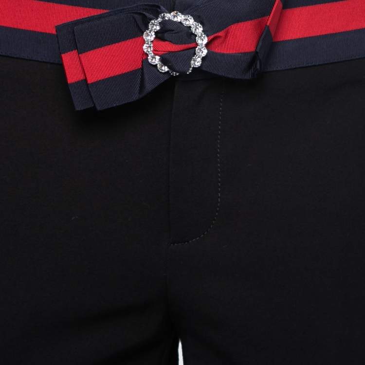 Pre Owned Gucci Black Stretch-Knit Contrast Trim Bow-Detail Skinny Pants M 