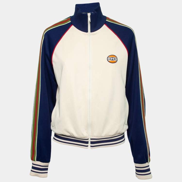 Pre Owned Gucci Cream Knit Web Stripe Trimmed Zip Front Jacket XS
