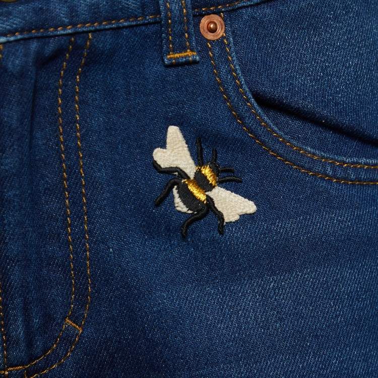 Pre Owned Gucci Blue Bee Butterfly Patched Denim Flared Leg Jeans S Waist 30.5"