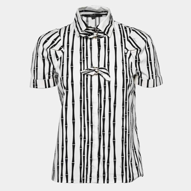 Pre Owned Gucci White Striped Printed Cotton Bow-Button Detail Shirt M