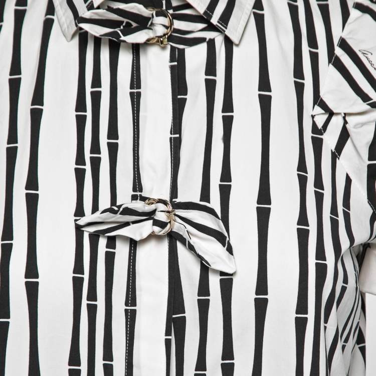 Pre Owned Gucci White Striped Printed Cotton Bow-Button Detail Shirt M