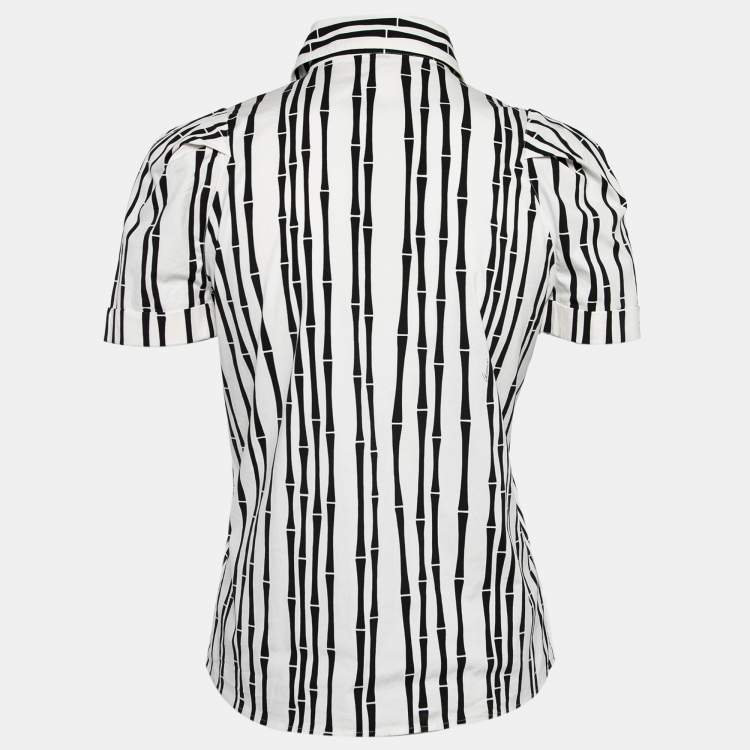 Pre Owned Gucci White Striped Printed Cotton Bow-Button Detail Shirt M