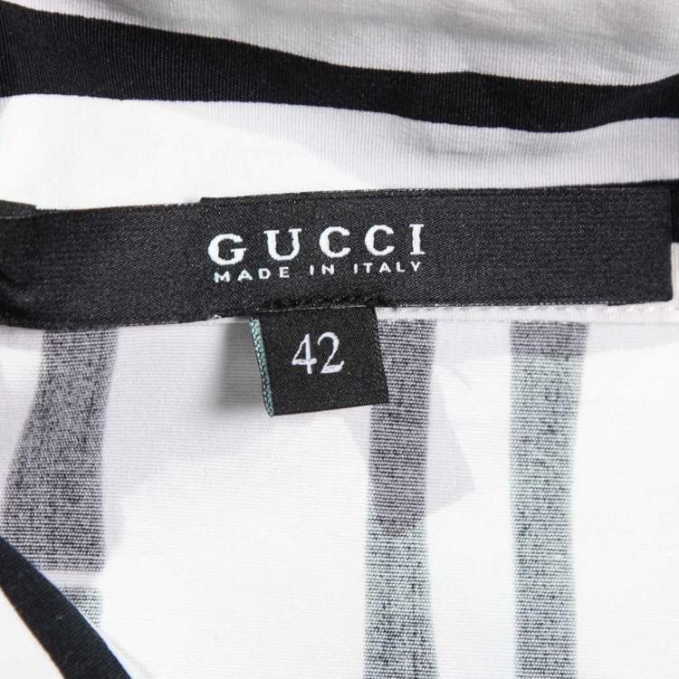 Pre Owned Gucci White Striped Printed Cotton Bow-Button Detail Shirt M