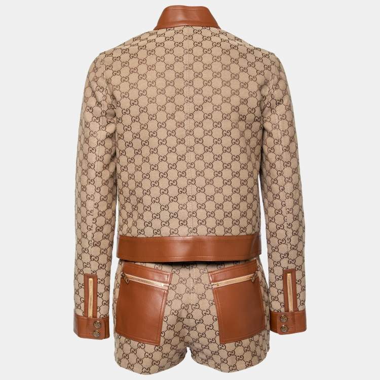 Gucci Brown GG Canvas Leather Trim Jacket & Shorts Set S Gucci