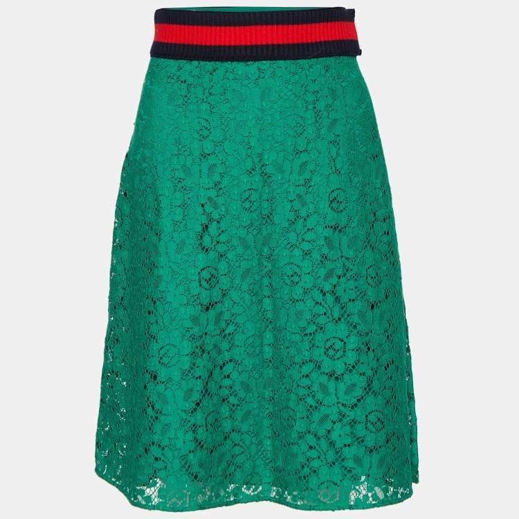 Pre Owned Gucci Green Lace Ribbed Web Stripe Lace Skirt M