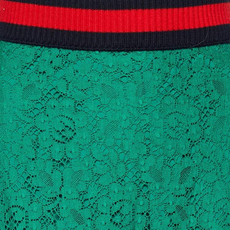 Pre Owned Gucci Green Lace Ribbed Web Stripe Lace Skirt M