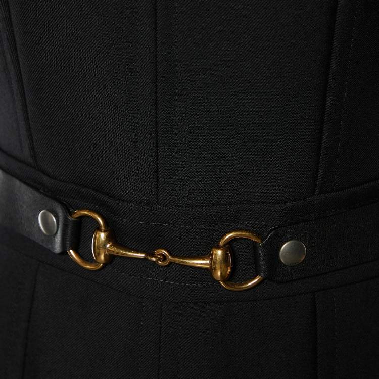 Pre Owned Gucci Black Wool Contrast Detail Pleated Midi Dress S