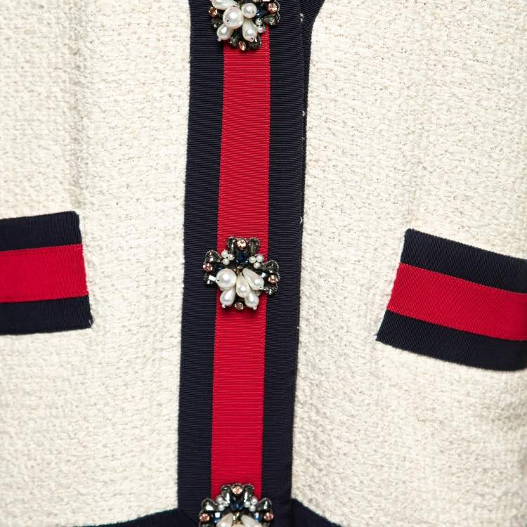 Pre Owned Gucci Cream Tweed Web Ribbon Trim Oversized Cardigan Jacket M