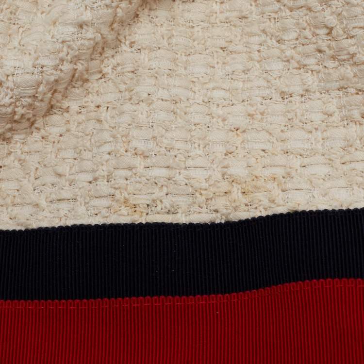 Pre Owned Gucci Cream Tweed Web Ribbon Trim Oversized Cardigan Jacket M