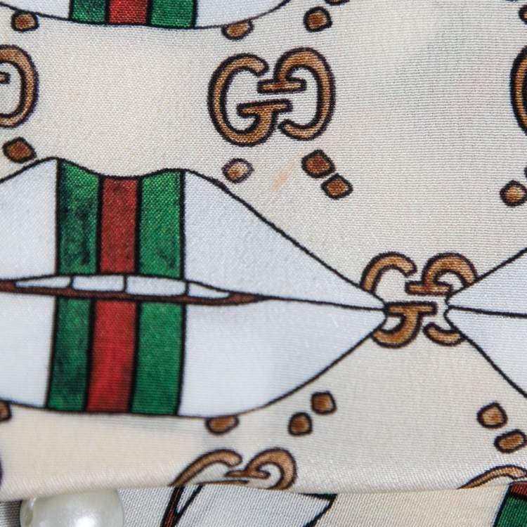 Pre Owned Gucci Beige Web Kisses Print Silk Blouse & Skirt Set S