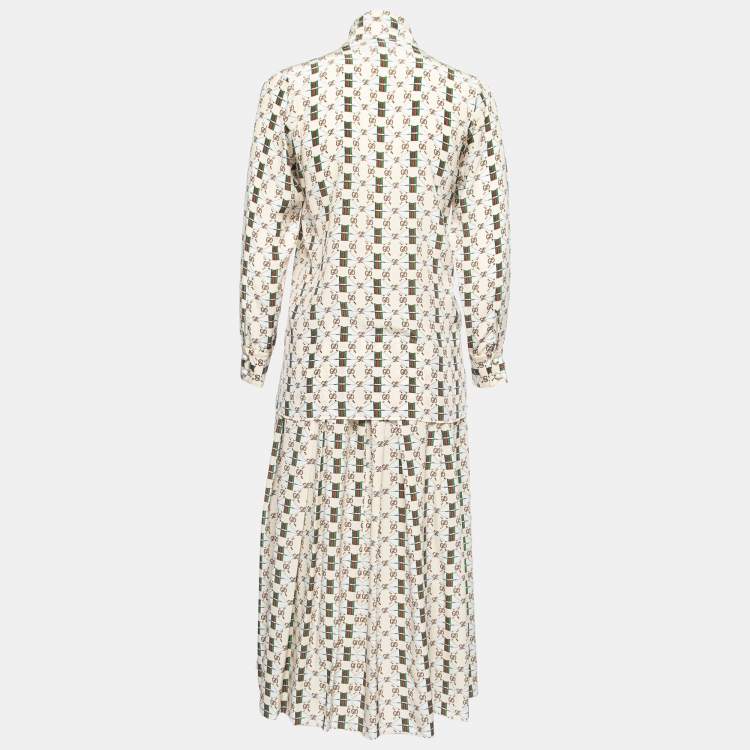 Pre Owned Gucci Beige Web Kisses Print Silk Blouse & Skirt Set S