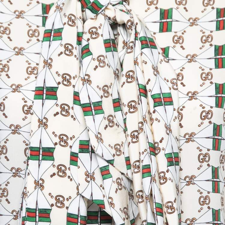 Pre Owned Gucci Beige Web Kisses Print Silk Blouse & Skirt Set S