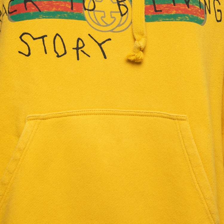 Pre Owned Gucci Yellow Cotton Logo Graphic Print Oversized Hoodie XS