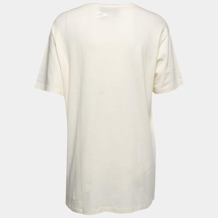 Pre Owned Gucci Cream Sequin Embellished Logo Printed Cotton T-Shirt M
