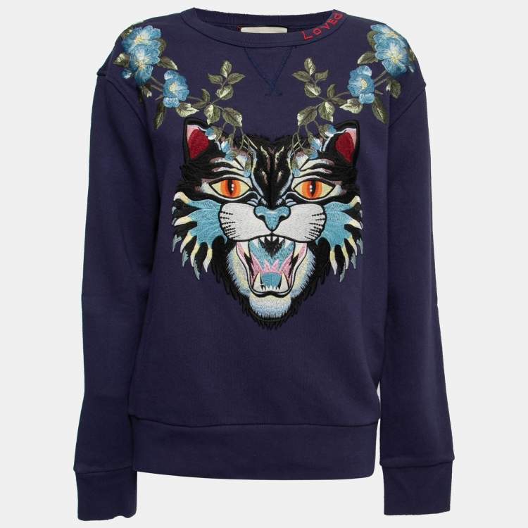 Pre Owned Gucci Navy Blue Embroidered Cotton Oversized Sweatshirt XS