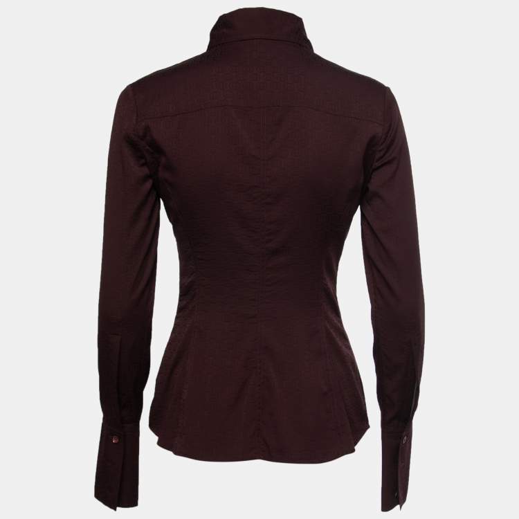 Pre Owned Gucci Burgundy Logo Jacquard Silk Button-Front Shirt M