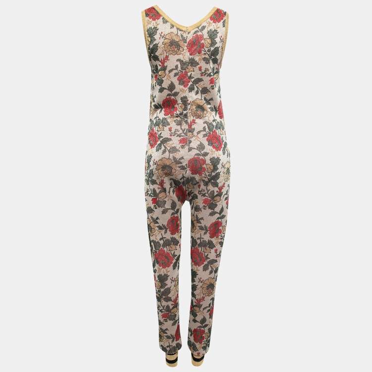 Pre Owned Gucci Gold Multicolor Floral Lurex Knit Jumpsuit L