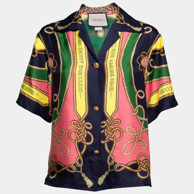 Pre Owned Gucci Navy Blue Printed Silk Short Sleeve Shirt S