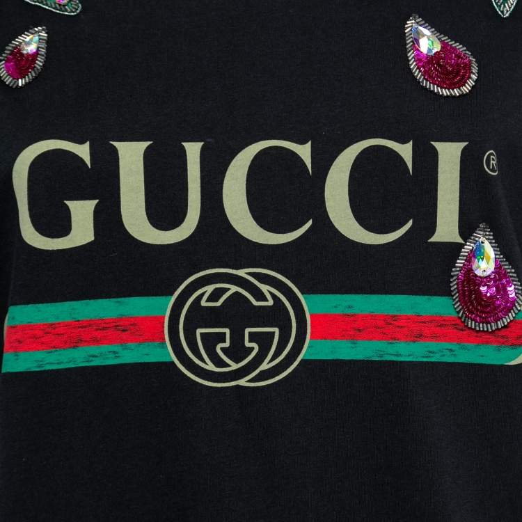 Pre Owned Gucci Black Cotton Logo Print Embellished T-Shirt S