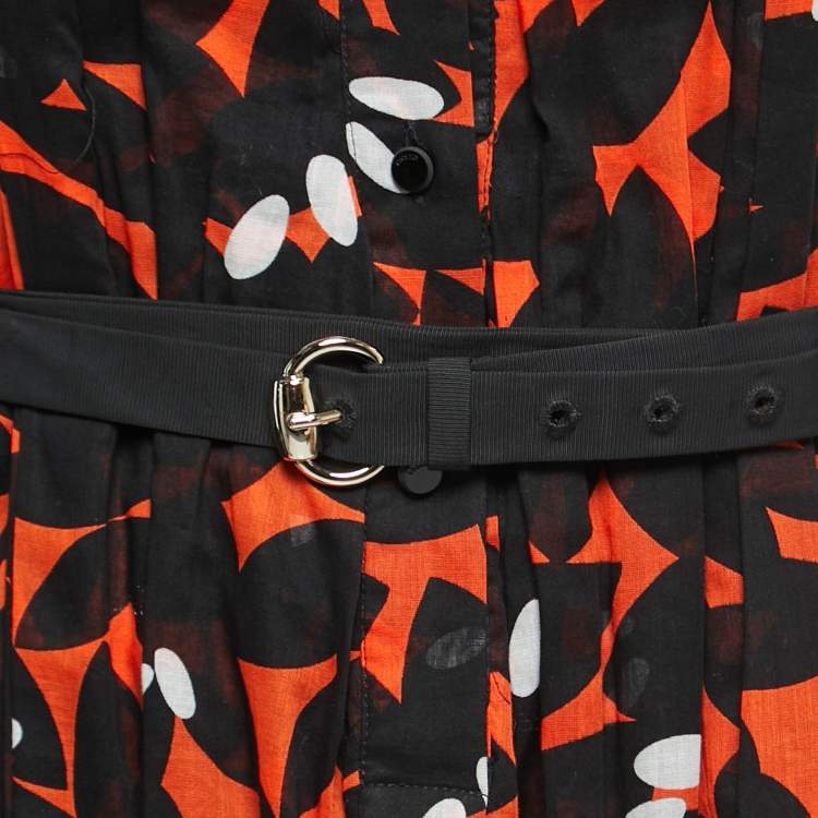 Pre Owned Gucci Black & Orange Printed Cotton Belted Maxi Dress M