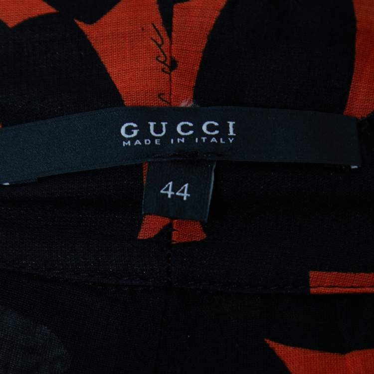 Pre Owned Gucci Black & Orange Printed Cotton Belted Maxi Dress M