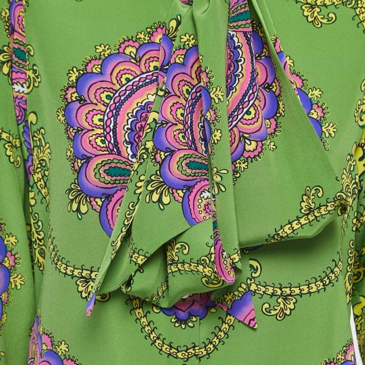 Pre Owned Gucci Green Paisley Printed Silk Tie-Neck Blouse M